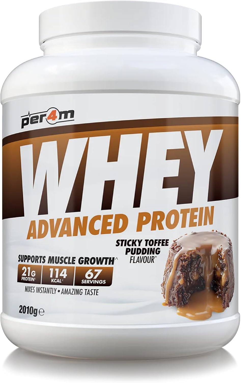 Per4m Whey Protein Powder | High Protein Shake for Muscle Growth & Recovery | Low Sugar Gym Supplement | Sports Nutrition Drink + Amino Acids (2010g, Sticky Toffee Pudding)
