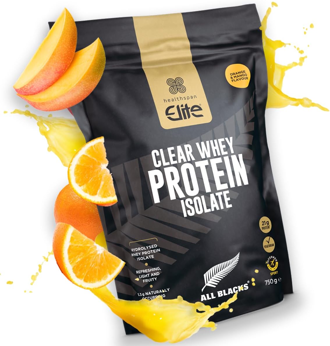 Healthspan Elite All Blacks Clear Whey Protein Isolate (750g) | Muscle Growth | 21g hydrolysed whey Protein Isolate per Serving | Amino Acid Complex with 5.3g BCAAs | Vegetarian (Orange & Mango)