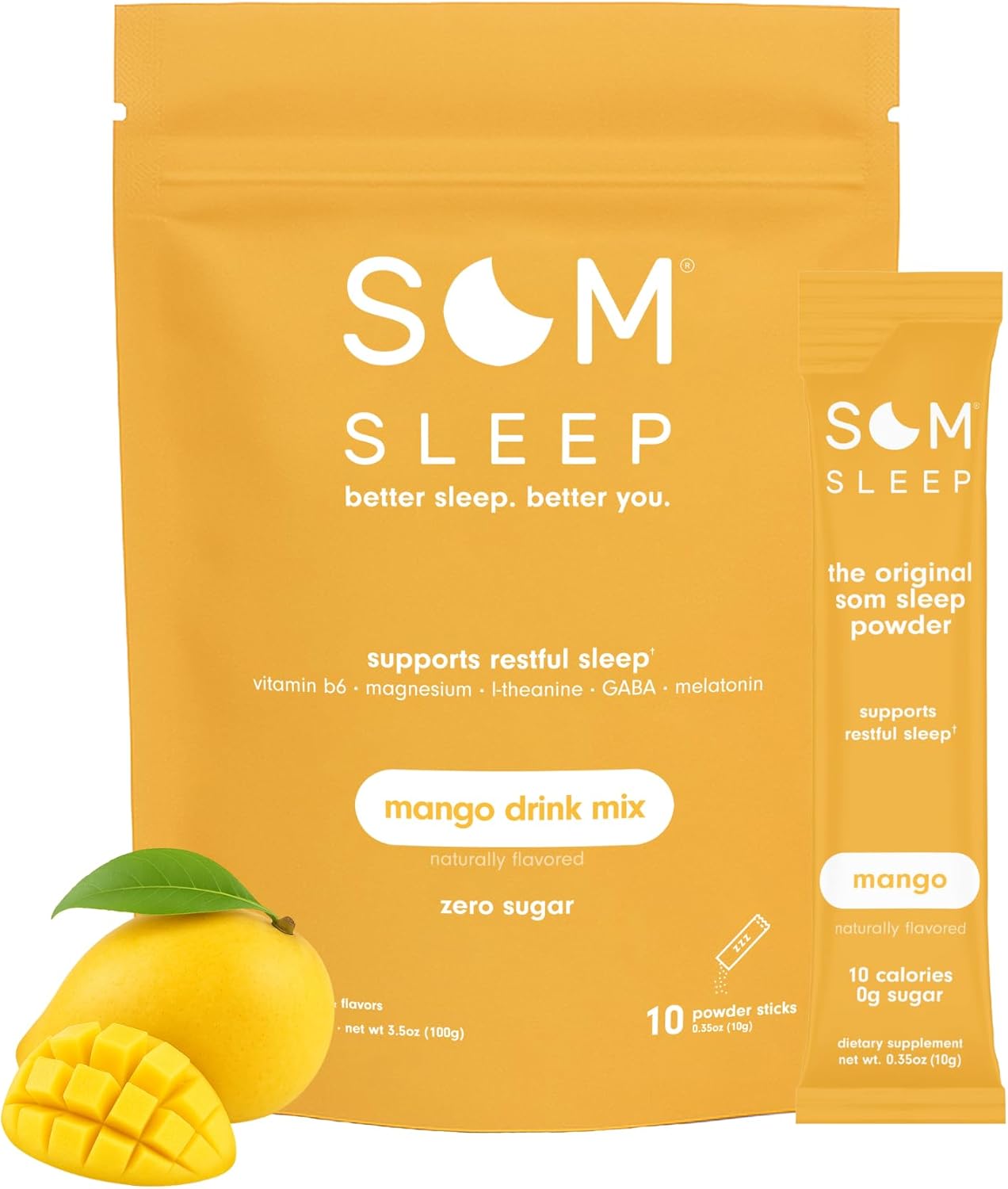 Som Sleep, Calm Sleep Aid Drink Mix Powder w/ 3mg Melatonin, Magnesium, Vitamin B6, L-Theanine & GABA – Vegan, Zero Sugar, Keto Friendly – Mango, 10-Pack