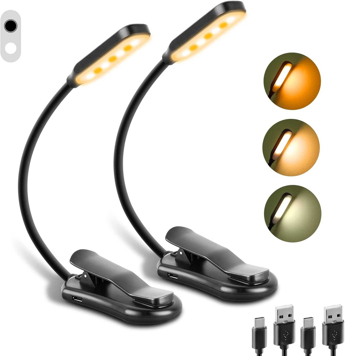 Book Light 2 Pack, Rechargeable Reading Lights for Books in Bed-Eye Caring 3 Colors, 360° Flexible Studying Small Desk Lamp, Lightweight Clip-on LED Night Light for Book Lovers, Kids