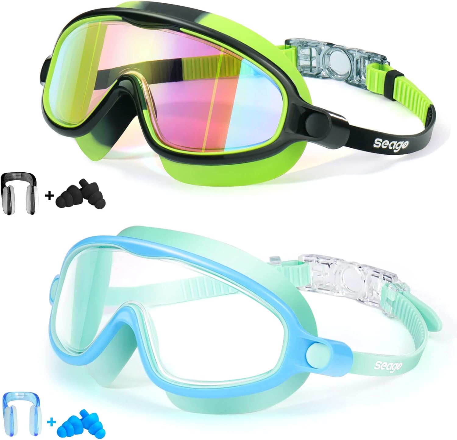 Seago Swim Goggles 2 Pack Anti-Fog Anti-UV Wide View Swimming Goggles for Kids 3-14