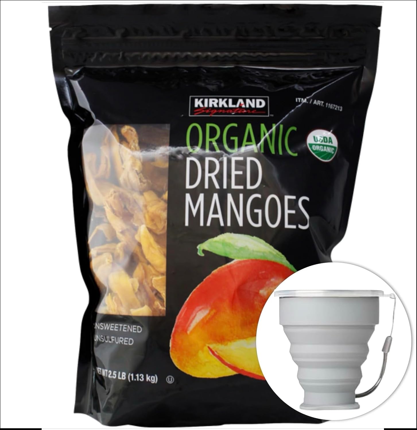Kirkland Signature Organic Dried Mangoes, 2.5 lbs Item 1569365. Bundle with MORALZA Silicone Collapsible Cup 200ml - 2 Items.