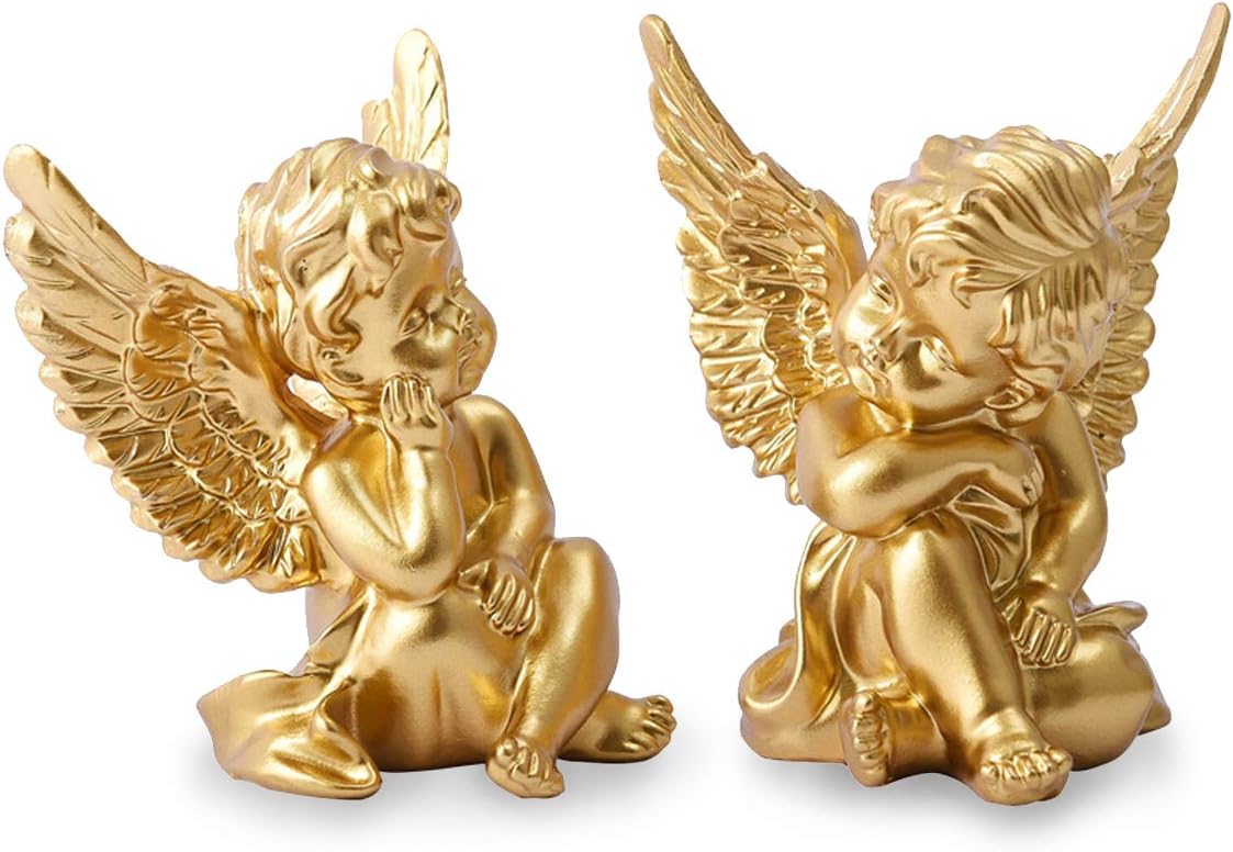 OwMell Set of 2 Cherubs Angels Resin Statue Figurine, Indoor Home Decoration, Adorable Angel Sculpture Memorial Statue 4" - Gold