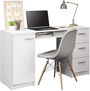 Madesa Modern Office Desk with Storage Drawers 53 inch, Study Desk for Home Office, Simple Style PC Table with 3 Drawers, 1 Door and 1 Storage Shelf (White)
