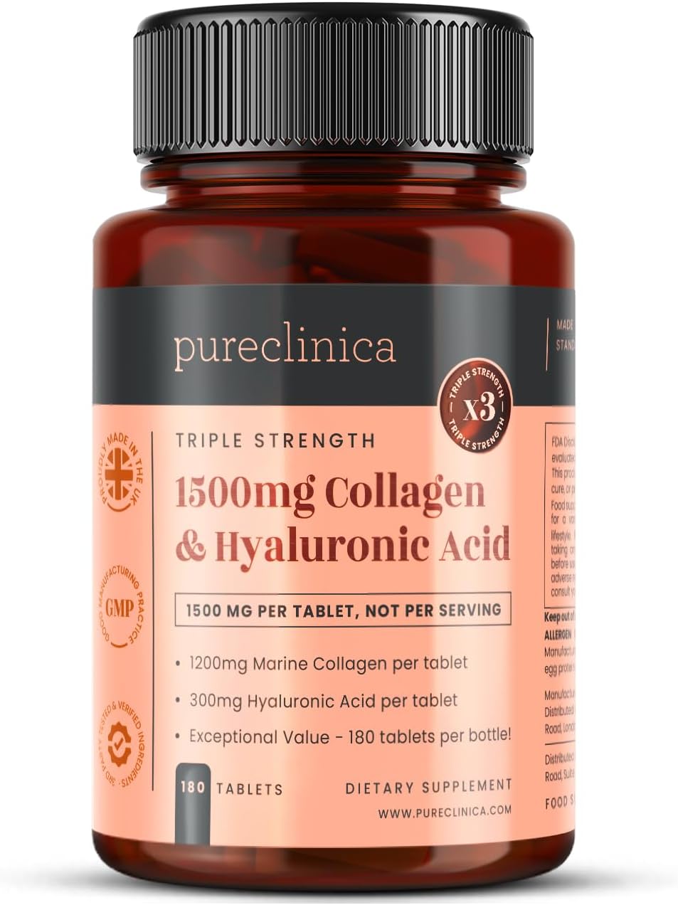 UltraColl Collagen & Hyaluronic Acid 1500mg – 180 Tablets (6 Month Supply) | High Strength Marine Collagen Types I, II, III, VII | Anti-Ageing, Skin Elasticity, Joint Support, UK Made