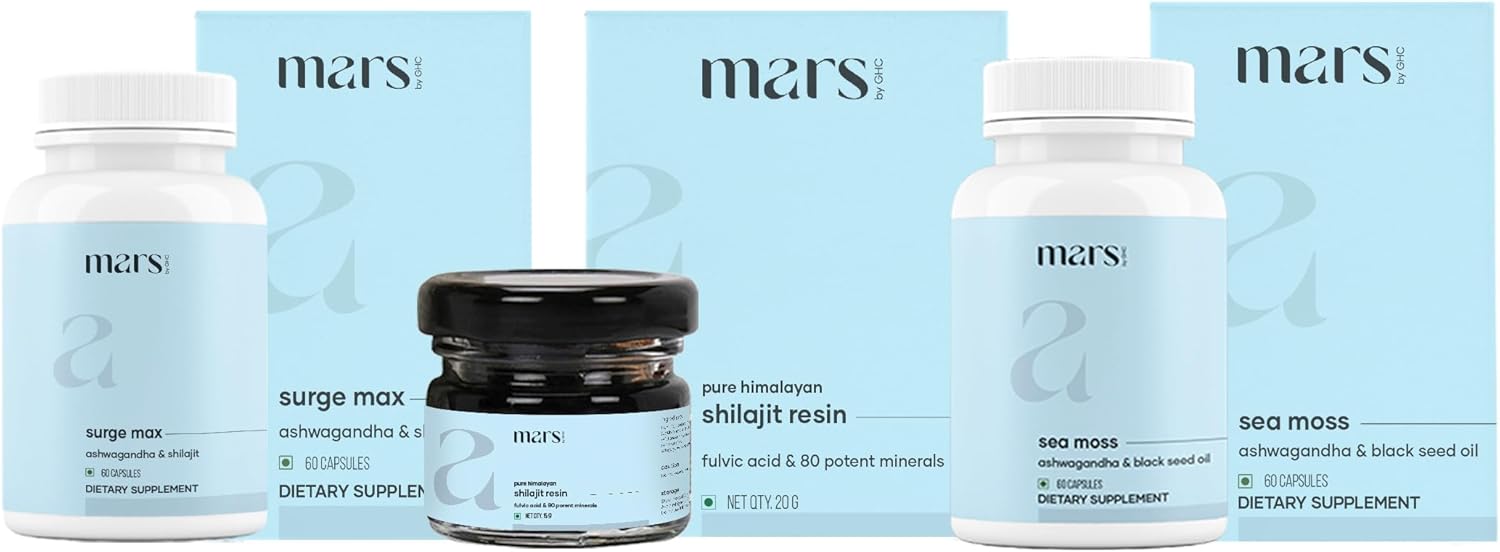 Mars by GHC Performance Plus Combo | Surge Max Caps, Pure Himalayan Shilajit Resin, Black Seed & Natural Sea Moss Capsules | Supports Energy, Stamina & Overall Well-Being | Pack of 1