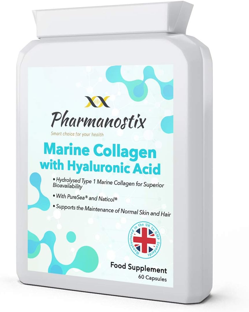 Marine Collagen with Hyaluronic Acid & Seaweed - 60 Capsules - Skin, Hair & Nails Formula with D-Biotin, Vitamin E & C - Highly Bioavailable Naticol® Hydrolysed Marine Collagen 500mg