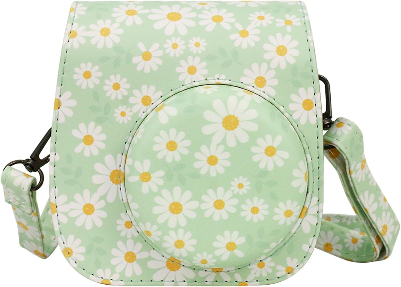 Protective Case Compatible with Fujifilm Instax Mini 12 11 9 8 8+ Instant Camera, PU Leather Camera Case with Pocket and Adjustable Shoulder Strap (Green Daisy)