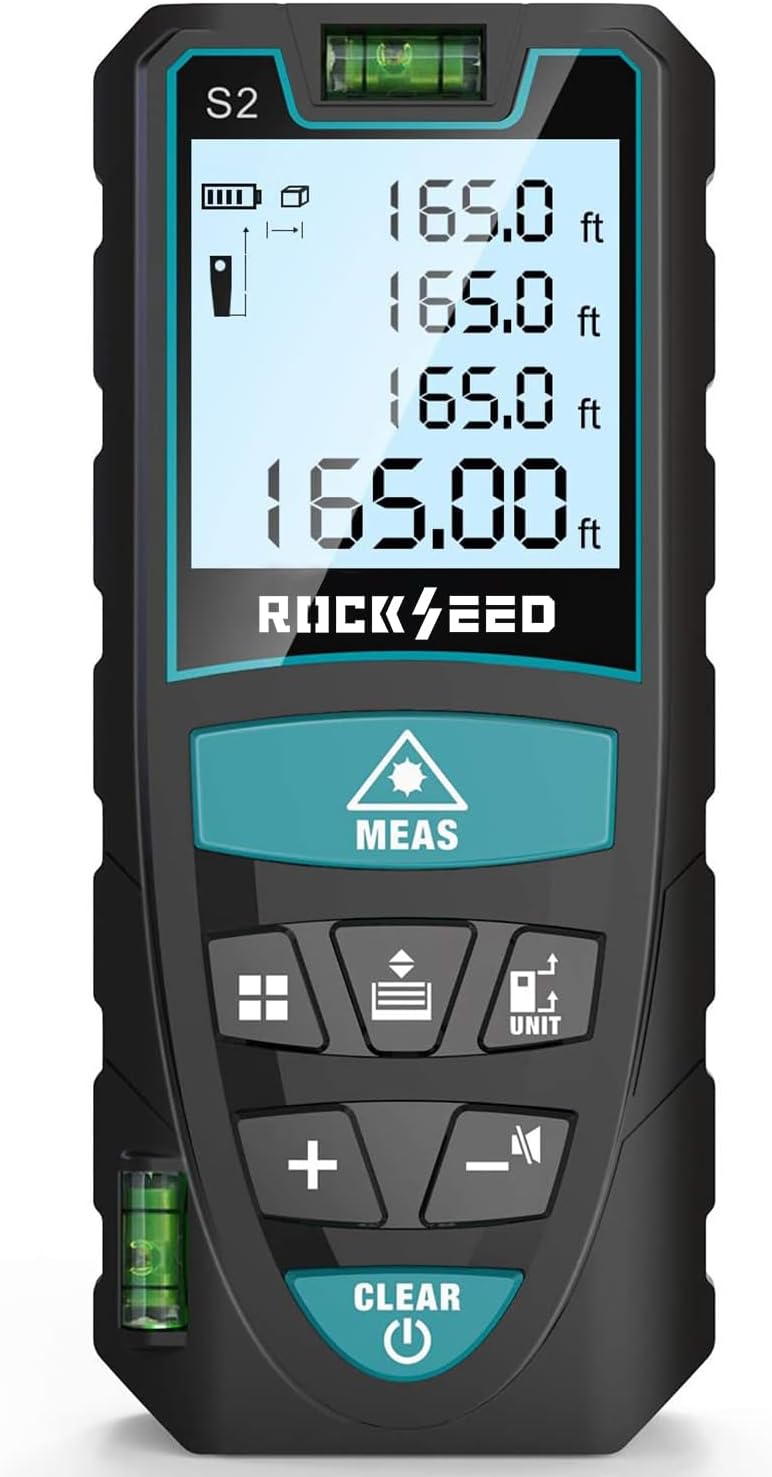 Laser Measure 50M/165ft,RockSeed Digital Laser Distance Meter with 2 Bubble Levels,Portable M/in/Ft Unit Switching Backlit LCD and Measuring Distance/Area/Volume/Pythagorean