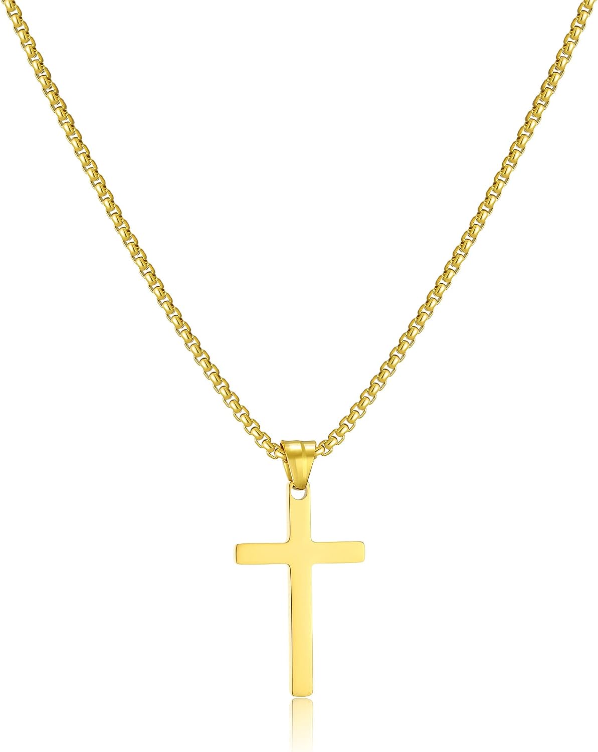 Men's Cross Necklace, Gold/Silver/Black Chain with Cross Pendant, Christianity Jewellery, Stainless Steel