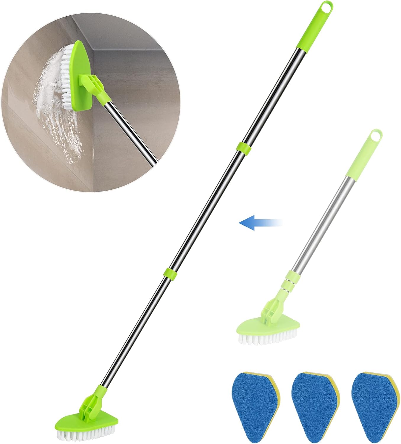 2 in 1 Scrub Cleaning Brush with 37” Long Extendable Handle,1 Stiff Bristle and 3 Sponge Brushes, Lightweigh Detachable Shower Scrubber for Cleaning Bathroom Shower Bathtub Glass Tile Floor