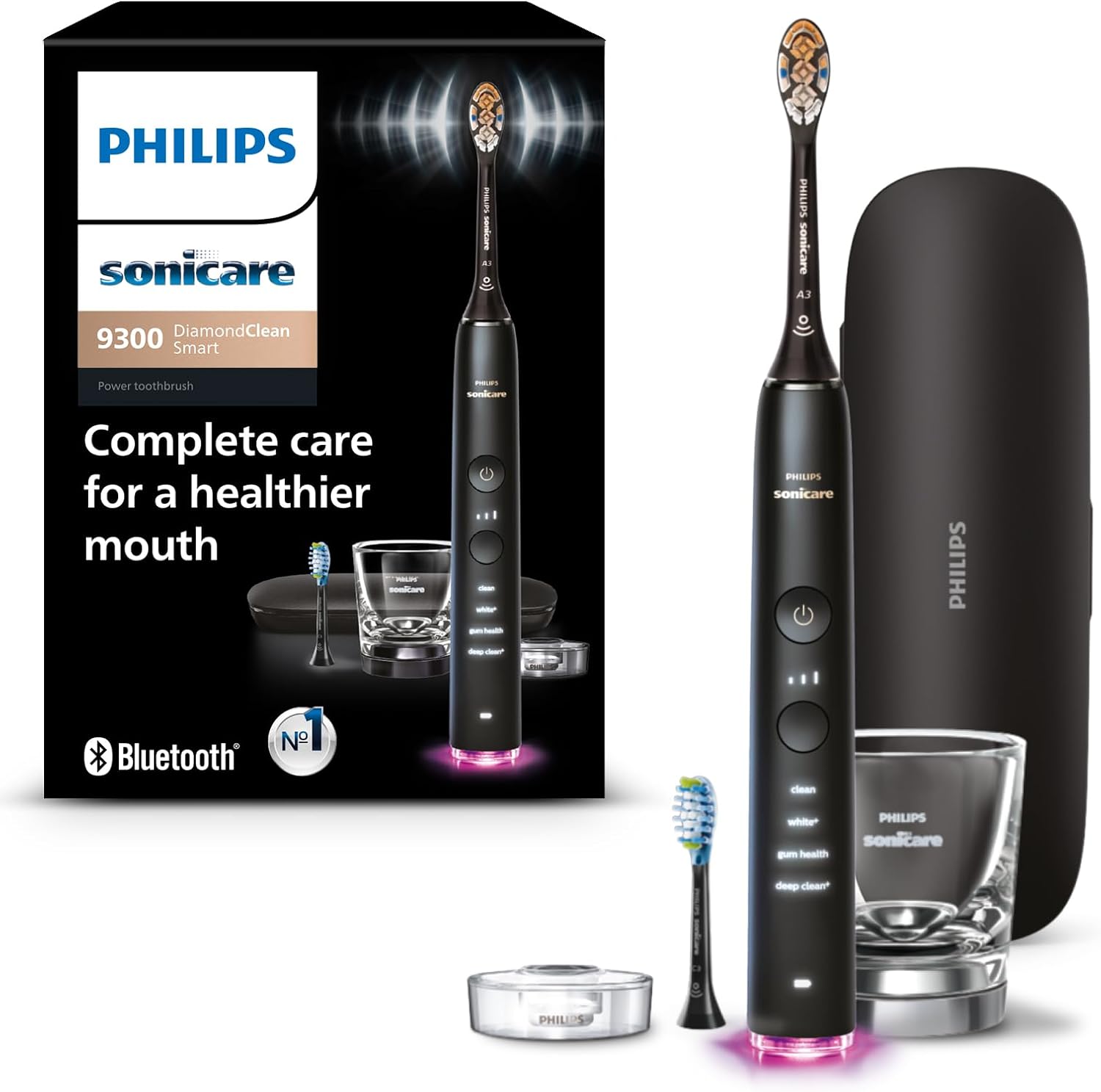 Philips Sonicare DiamondClean Smart 9300 Electric Toothbrush, Sonic Toothbrush with App, Pressure Sensor, Brush Head Detection, 4 Brushing Modes and 3 Intensity Levels, Black, Model HX9903/15