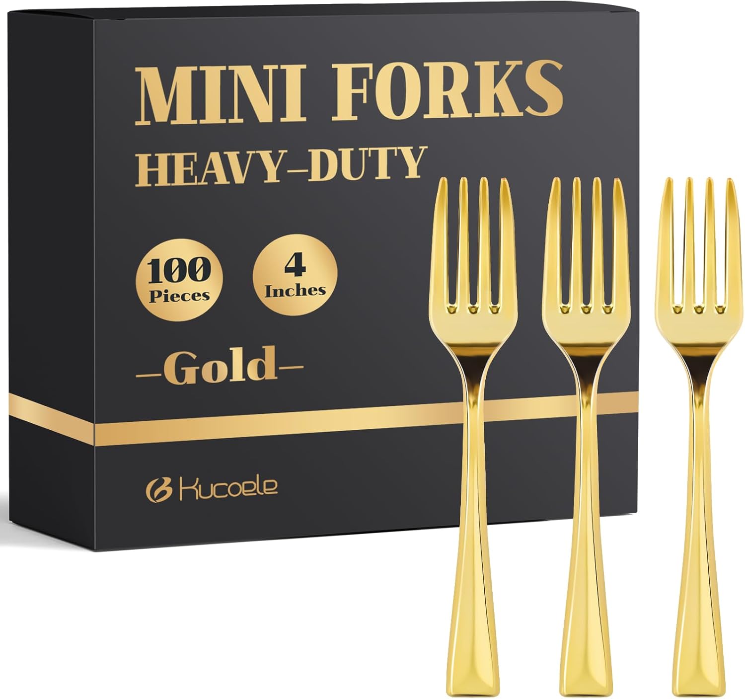 Kucoele 4 Inch Gold Mini Plastic Forks, 100 Pack Disposable Appetizer Forks Tiny Tasting Forks for Small Desserts, Strawberries, Charcuterie, Smaples, Cocktails
