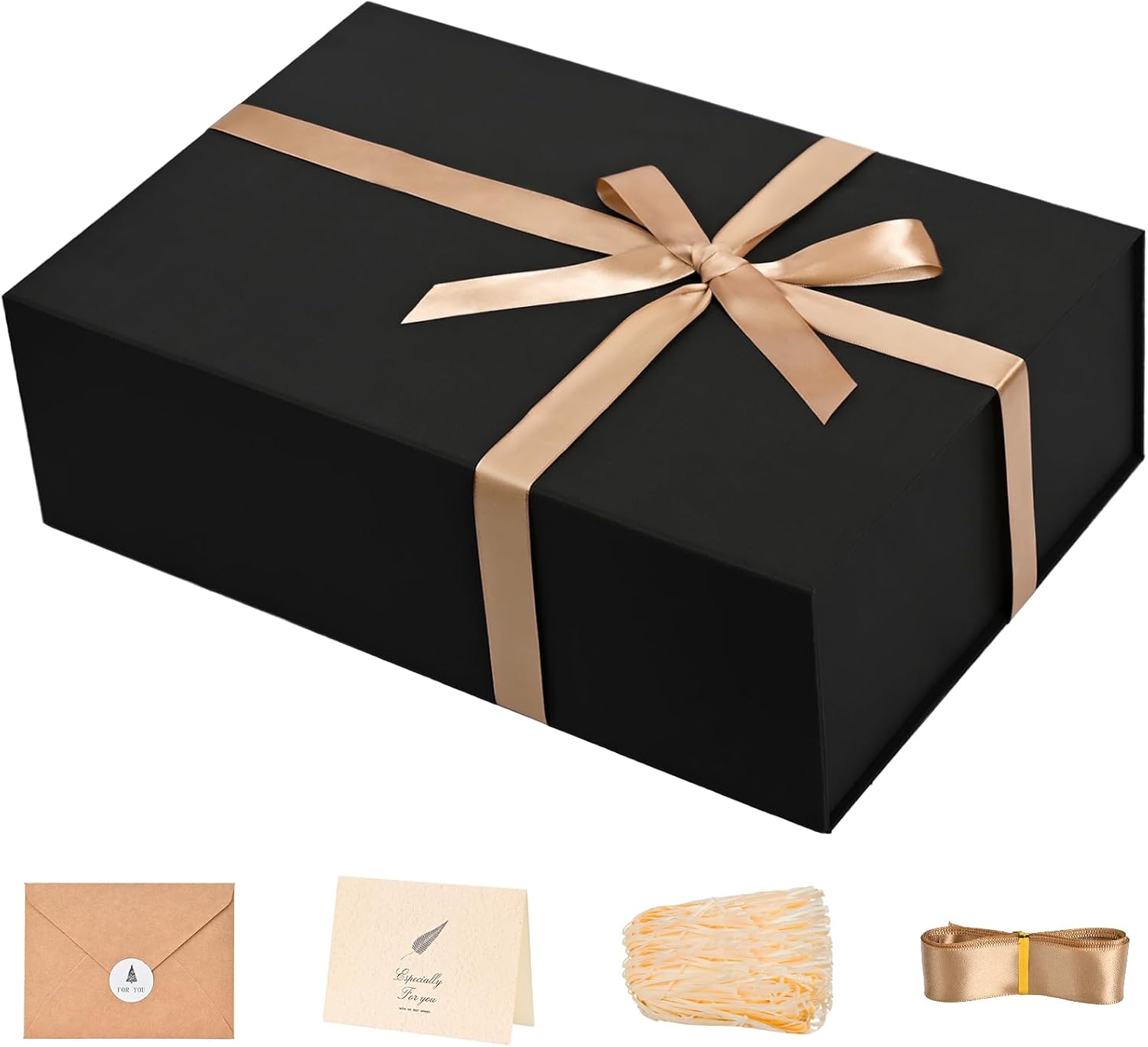Large Black Magnetic Gift Box 13.5x10x4" with Ribbon, Card & Shredded Paper