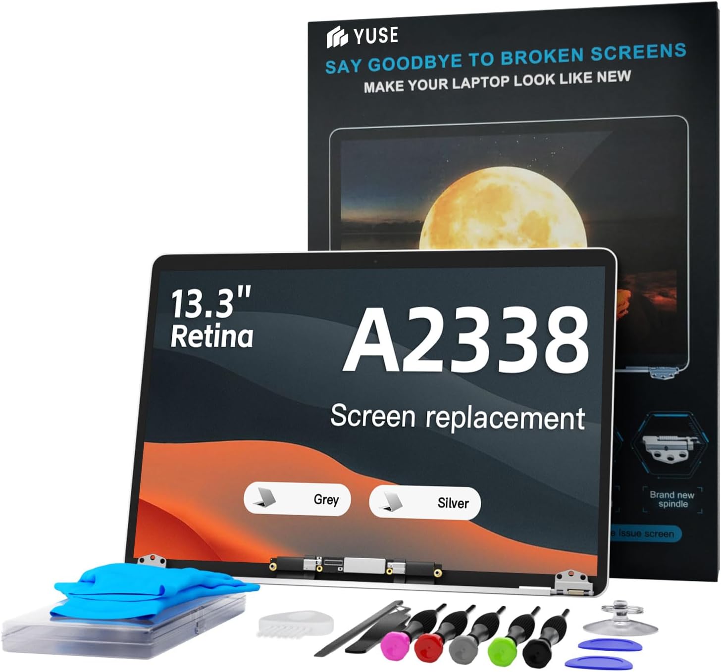 YUSE A2338 Screen Replacement 13.3" for MacBook Pro 2020 M1 2022 M2 Retina EMC 3578 EMC 8162 MYD83 MYD92 MYDA2 MYDC2 MNEQ3 MNEP3 MNEJ3 A Full LED LCD Display Assembly 2560x1600 (Space Gray)