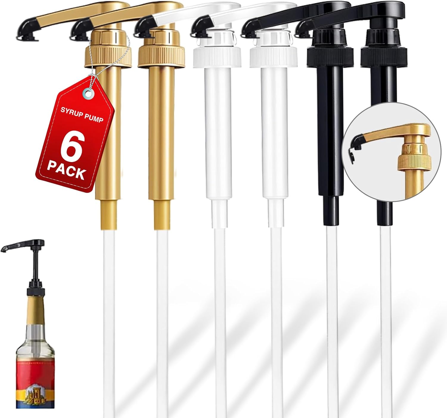 6 pcs Syrup Pump with Cap to Avoid Dripping, Leak Proof Coffee Syrup Dispenser, Fits 25.4 Oz/750ml Coffee Flavoring Syrup Bottles, Great for Home & Coffee Bar Drinking Mixes, Cocktails, Beverage