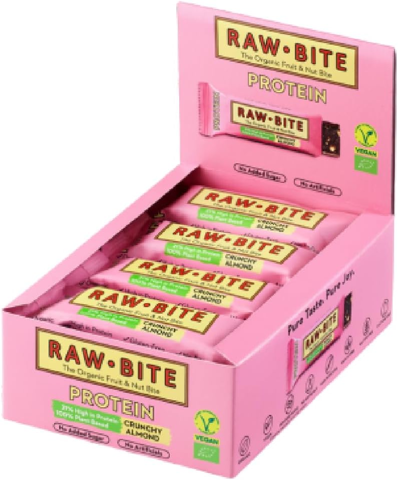 RAWBITE Crunchy Almond High Protein Bar | 21g Protein |12 Organic Vegan Protein Bars | Sugar Free Bars | Low Calorie | with Rice Protein, Dates, Almonds, Pumpkin Seeds & Cocoa | 12 x 45
