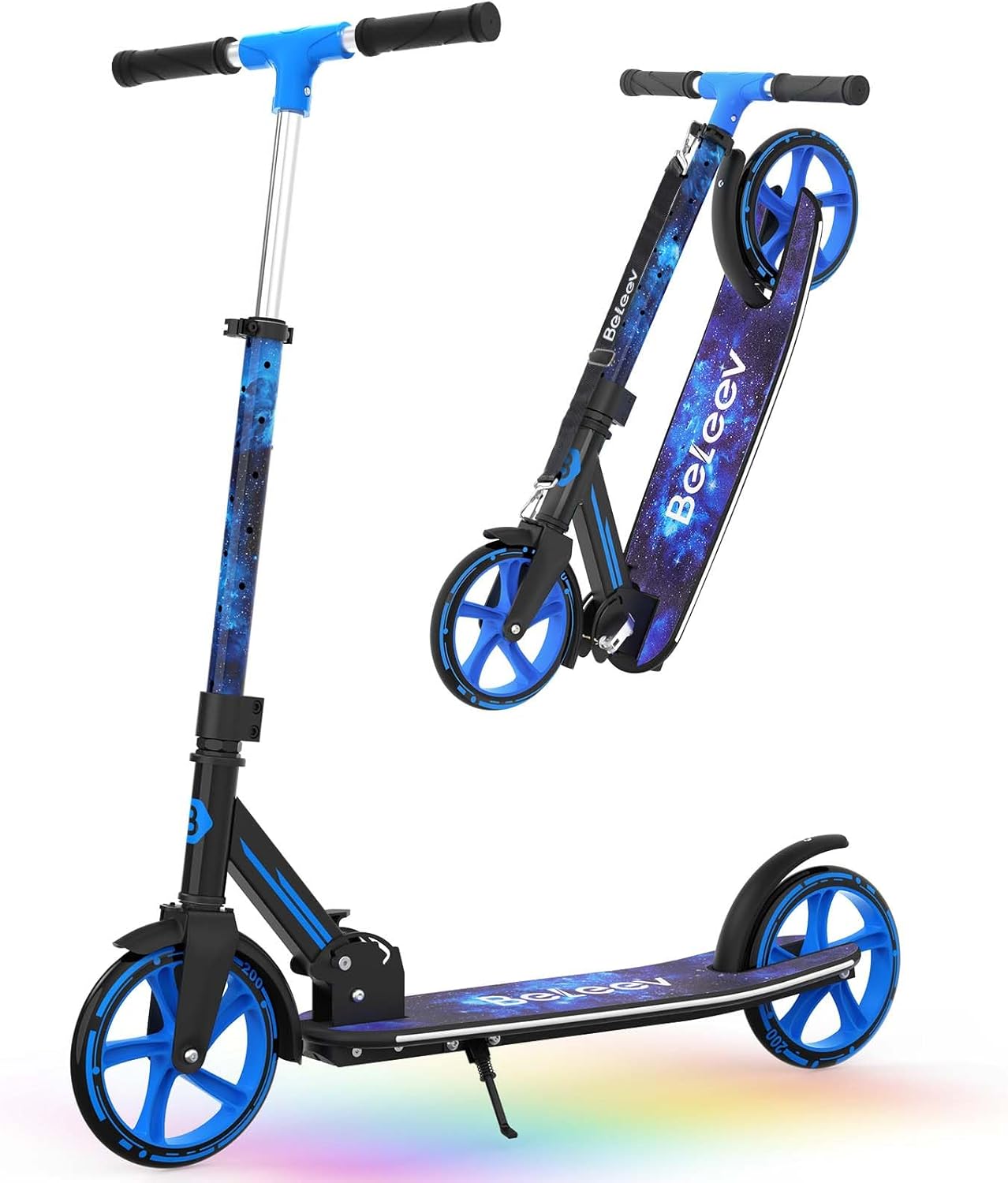BELEEV V9 Scooters for Kids Ages 6+ with Light-Up Stem & Deck, 2 Wheel Folding Scooter for Adults Teens, Big Wheel Lightweight Scooter for Boys and Girls, 4 Adjustable Height, Max Load 220 lbs