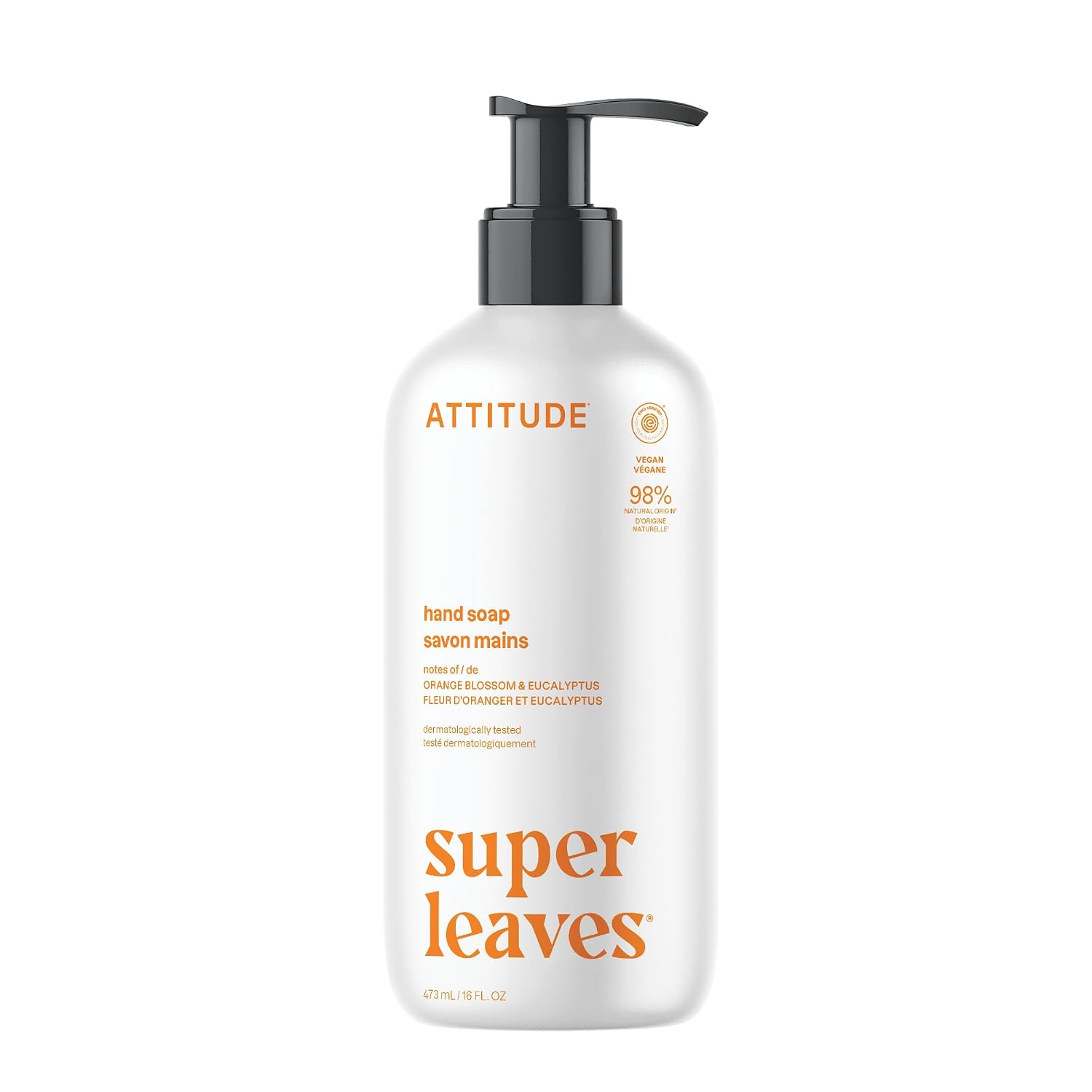 ATTITUDE Liquid Hand Soap, EWG Verified, Plant and Mineral-Based, Vegan Personal Care Products, Orange Blossom & Eucalyptus Scent, 473 mL