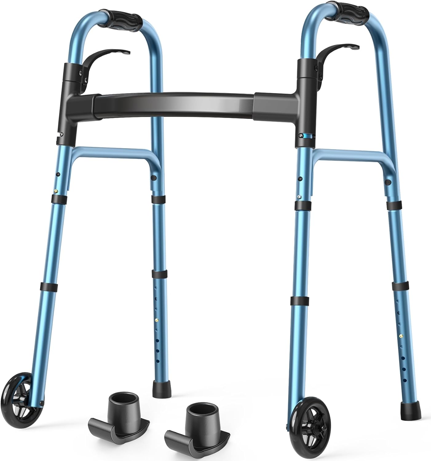 Walkers for Seniors, Folding Walker with Wheels and 2 Skis, Lightweight Rolling Walker Supports Up to 350 Pounds, Adjustable Height, Adult Compact Standard Walkers with Aluminum Frame, Blue