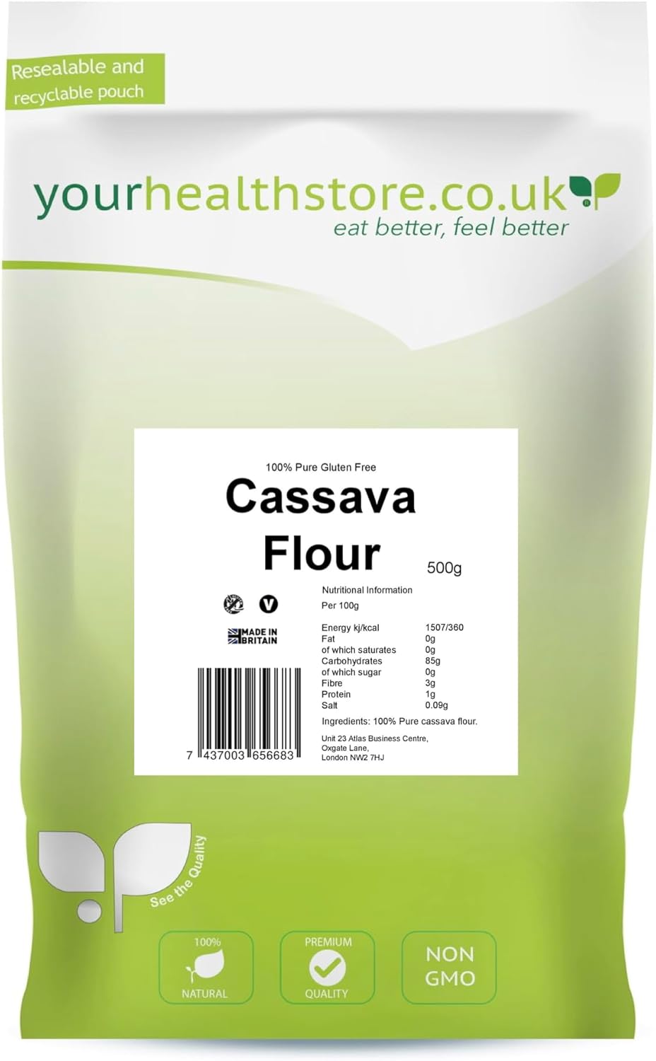 yourhealthstore Cassava Flour 500g, Gluten Free, Premium Quality All Purpose Flour.