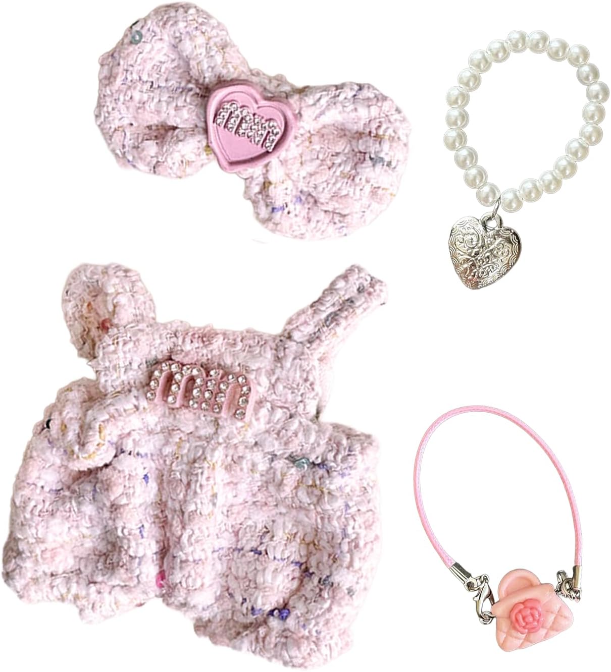 17cm Doll Clothes Fashionable Classy Doll Clothes Accessories Set with 1 Pink Jumpsuit 1 Bow Hair Clip 1 Heart Necklace 1 Bag for Girls Boys Kids Birthday Gifts, No Doll