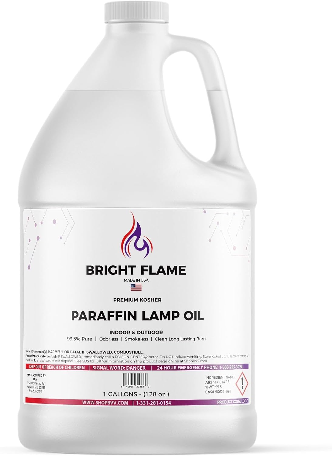 Bright Flame High Purity Paraffin Lamp Oil - Smokeless, Clean Burning, Kosher, 99.5% Pure Bulk Size 1 Gallon