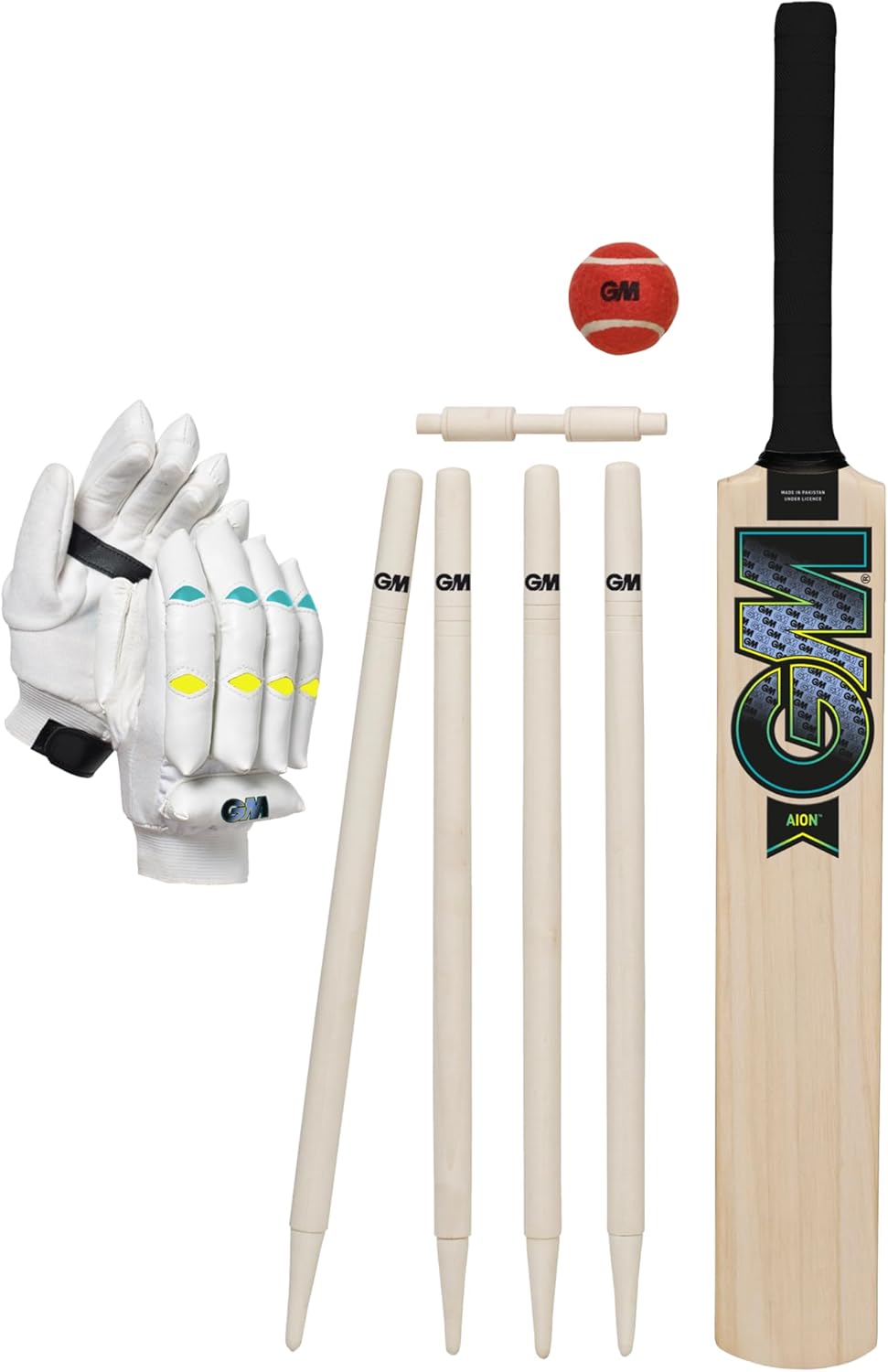 Gunn & Moore GM Young Gunn Cricket Set | Aion | Wooden Cricket Bat, Soft Ball, Batting Gloves, Stumps & Bail and Carry Bag | Sizes 2, 4 or 6