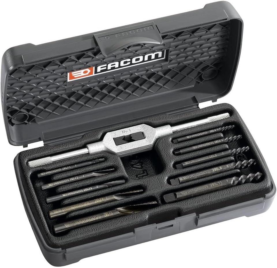 FACOM - 11-Piece Stud Extractor Set - 285.J10 - Screw Extraction, Straight Thread - Conical Bits and Tapping Wrenches - Robust and Durable Box - Hand Tools