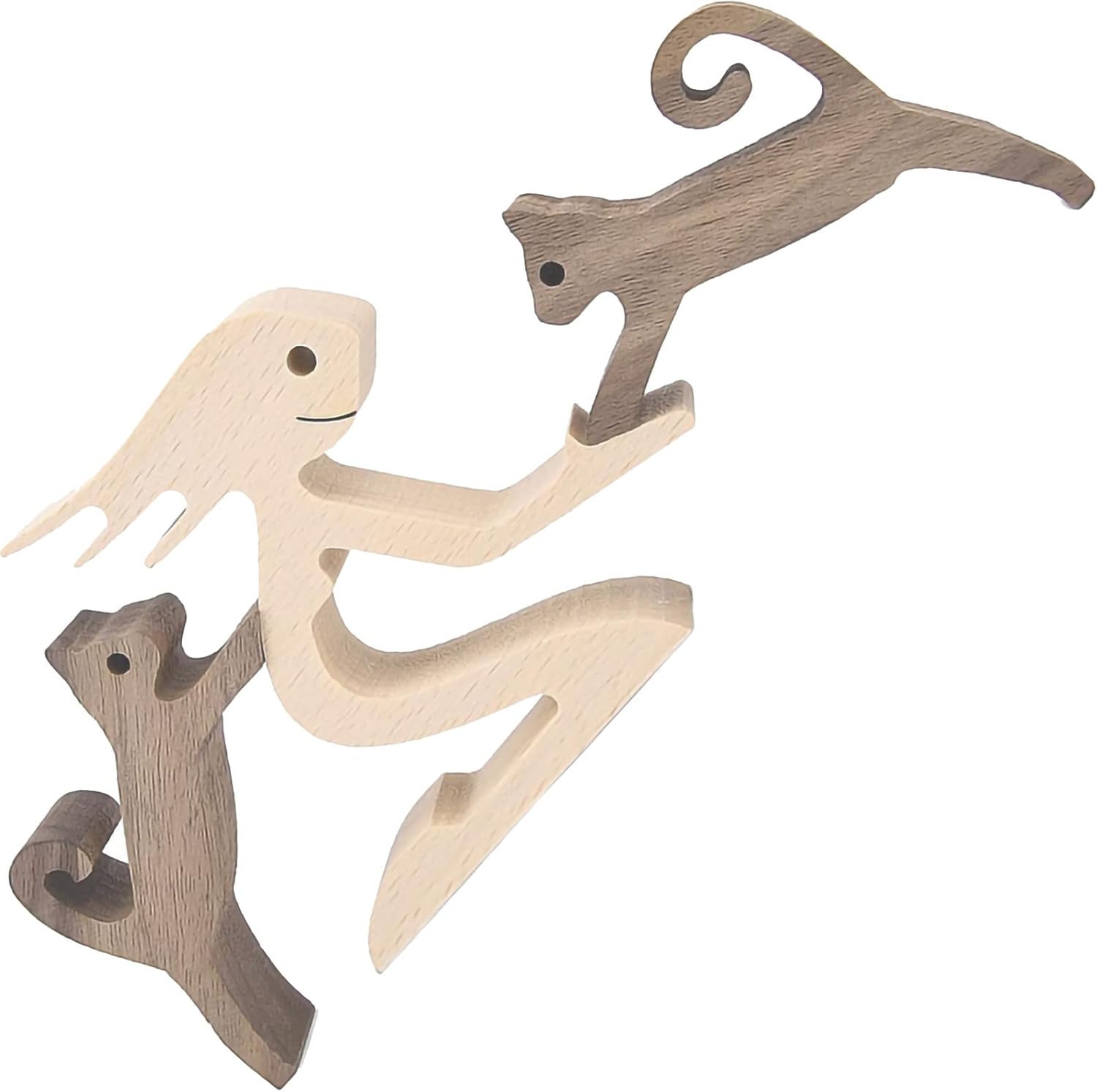 Rhinenet Wood Decoration Statue Family Puppy Cat Wooden Carving Ornaments Handmade Wood Cute Puppy Statue Sculpture Collectible Figurine Craft Arts for Home Office Living Room (Women+2 Cats)