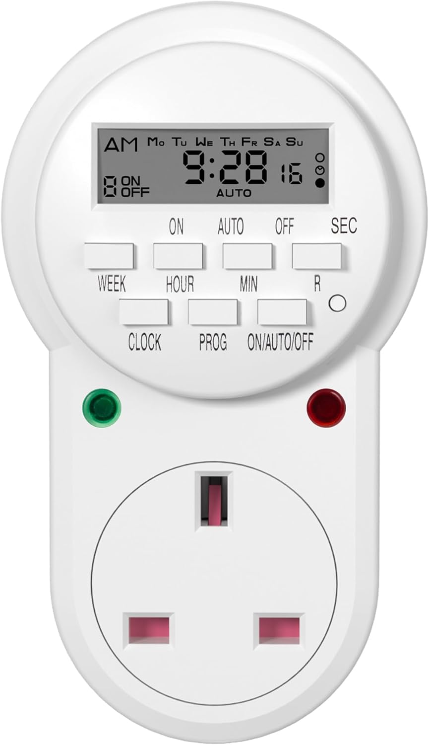 HBN Weekly Programmable Electronic Digital Mains Plug-in Timer Socket with LCD Display 24 Hours / 7 Day with 9 On-Off Programs, (13A/3120W,1 Pack)