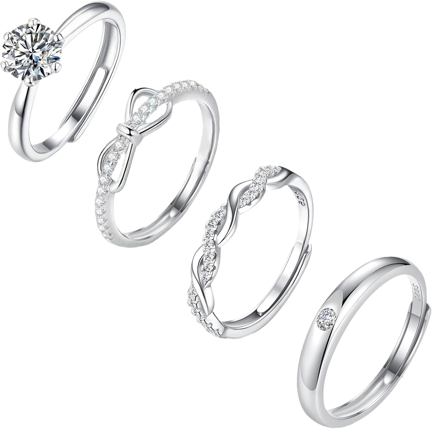sawyofu Sterling Silver Adjustable Rings For Women 4pcs Cubic Zirconia 925 Silver Plated Wedding Stacking Rings Sets For Women Jewellery