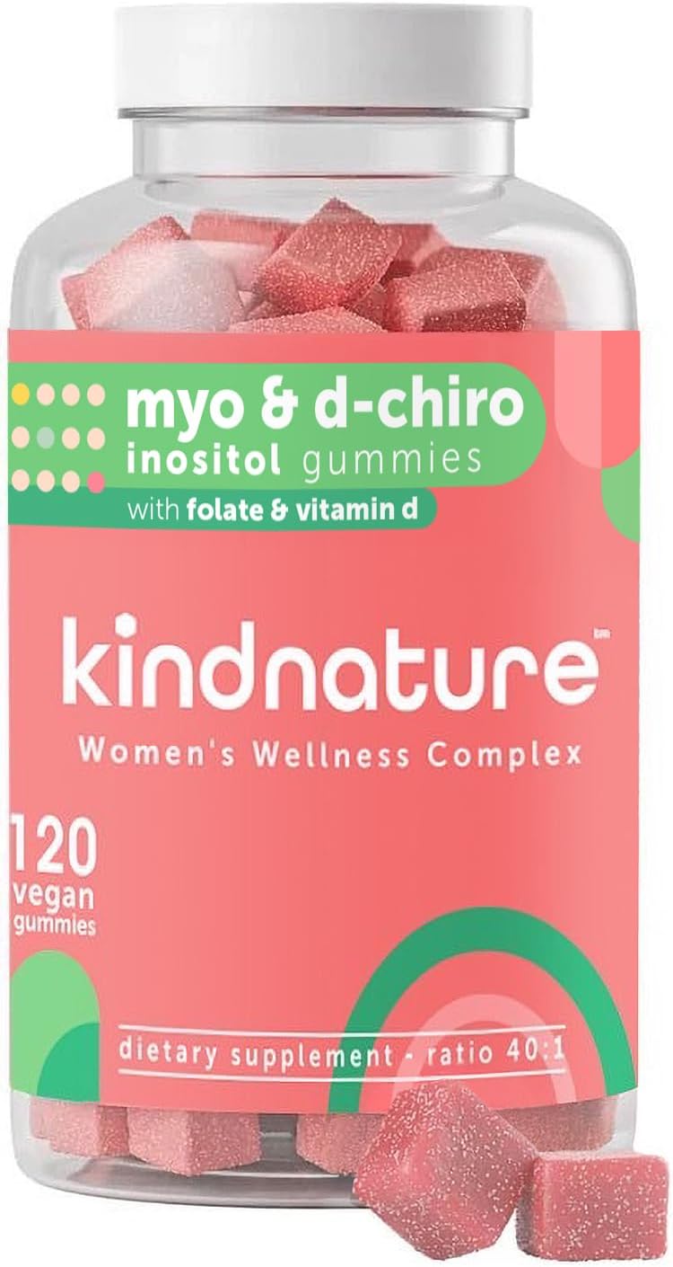 kindnature Myo-Inositol & D-Chiro Inositol Gummies for Women – 2000mg + 50mg, Ideal 40:1 Ratio – with Vitamin D & Folate – Hormone Balance Support – Vegan, Watermelon Flavor (120 Gummies)