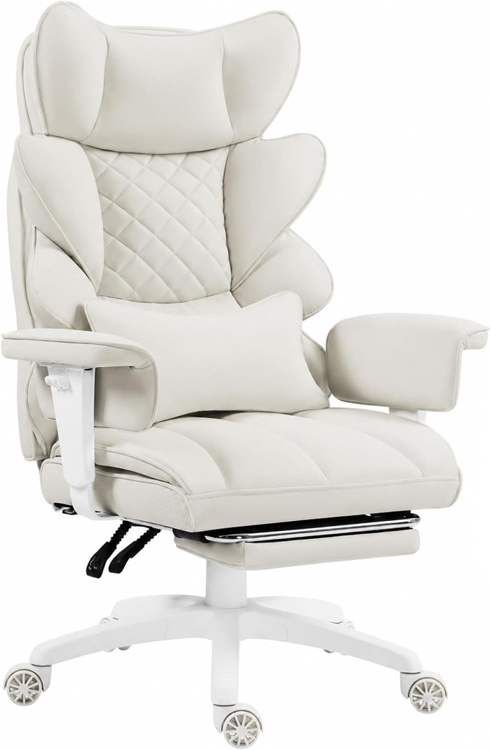 Dowinx Big and Tall Office Chair with Pocket Spring Cushion,High Back Computer Gaming Chairs with Adjustable Armrests and Lumbar Support,Executive Desk Chairs with Footrest(PU,White)