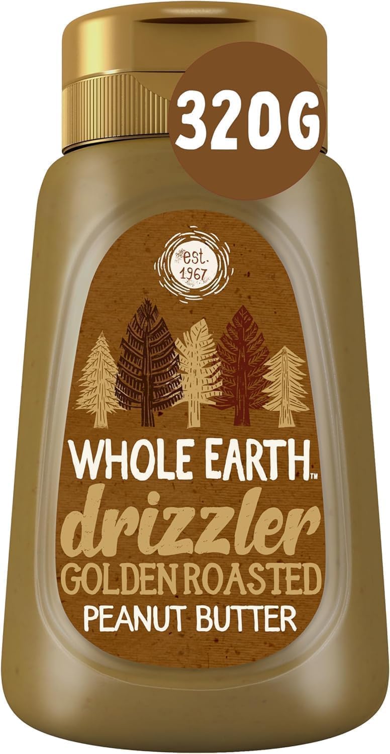 Whole Earth Drizzler Golden Roasted Peanut Butter, Super Smooth Squeezy Runny Nutty Spread Made with 100% Peanuts, All Natural Ingredients, No Added Sugar, Gluten Free, Vegan Friendly – 320g