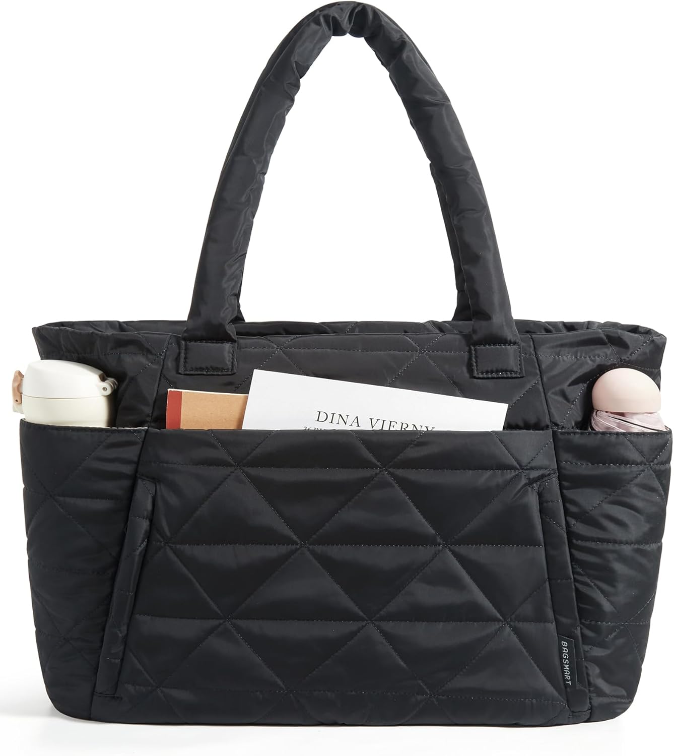 bagsmart Tote Bag for Women, Puffy Tote Bag with Zipper, Large Quilted Shoulder Bag with Compartments for Travel, Work, Gym