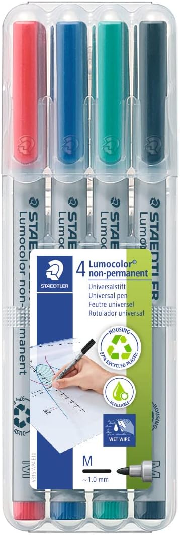 STAEDTLER 315 WP4 Lumocolor Non-Permanent Pen, Medium Line Width, 1.0mm - Assorted Colours (Pack of 4)