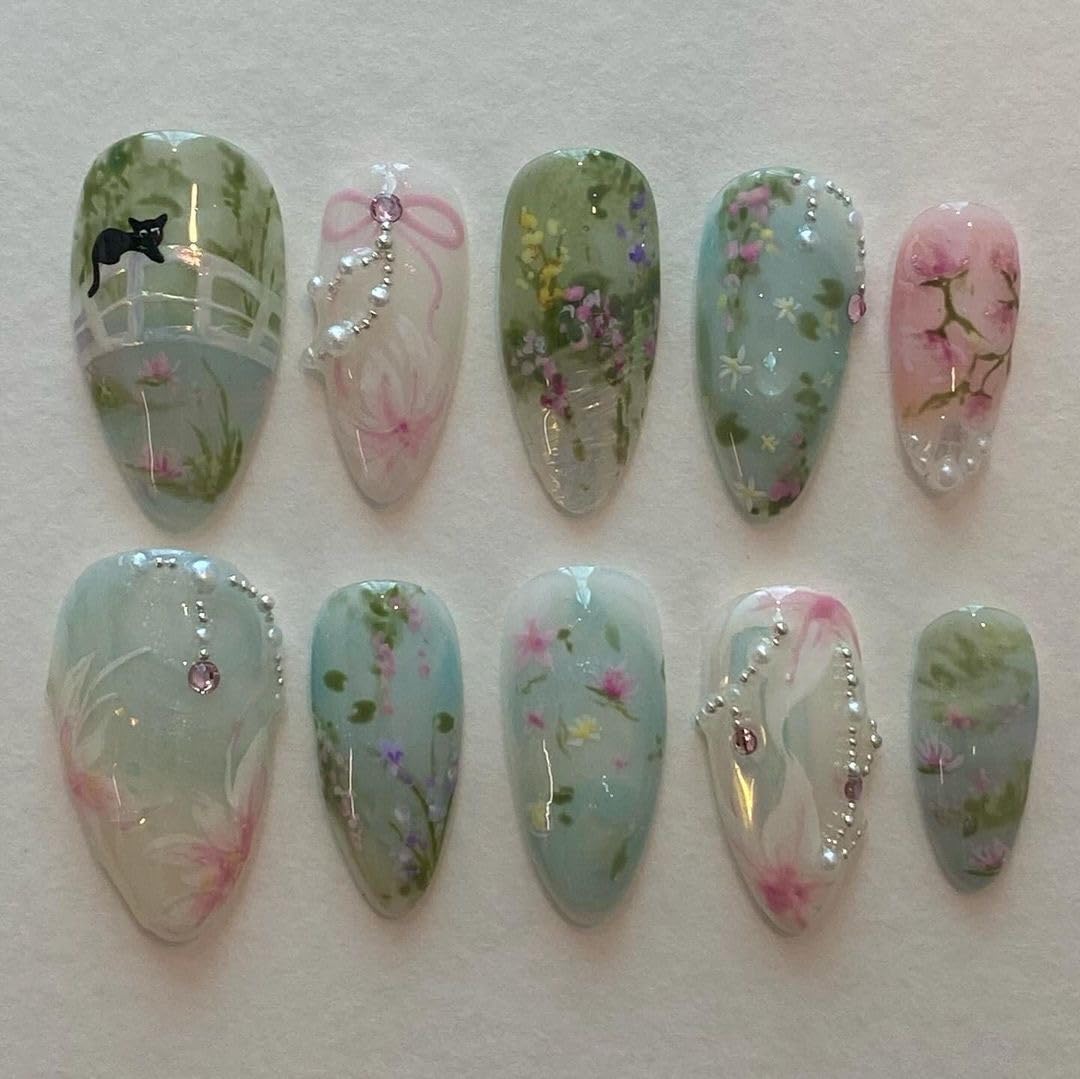GlamRays 24 Pieces Almond Press on Nails, Medium Blue Green Fake Nails, Bow, Glue Nails, Cute Cat Flower Design, Acrylic Nails, Stiletto Handmade, Full Cover