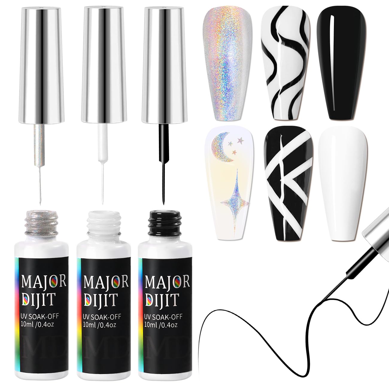 Major Dijit Gel Liner Art Polish Set 10ml 3 Colors Black White Chrome Design Paint with Thin Brush in Bottle for French Tips Manicure Painting DIY at Home (01 02 08)