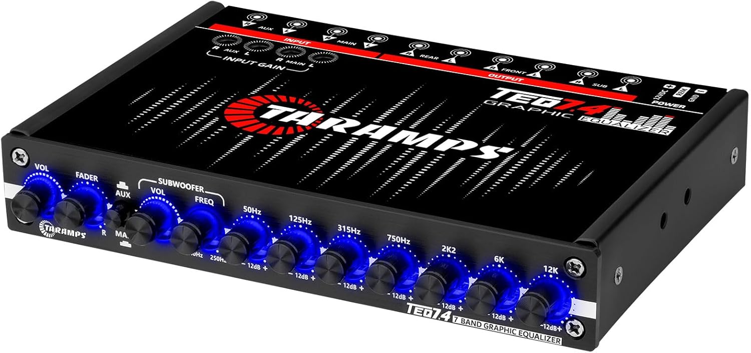 Taramps TEQ 7.4 Stereo 7-band Graphic Equalizer Car Audio Rca Input/Output, Auxiliary Gain, Fader Control 2 Input Channel 3 Output Channel, Blue LED Sound Equalizer