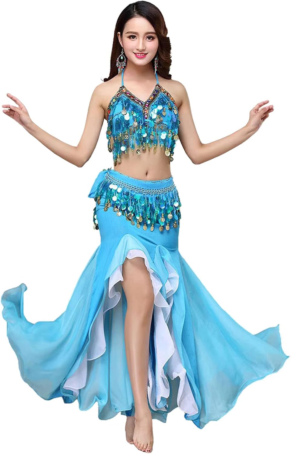 Women's Belly Dance Dress Belly Crop Top Bra Top and Belt Chiffon Dancing Split Skirt Costume 3-Piece Outfit