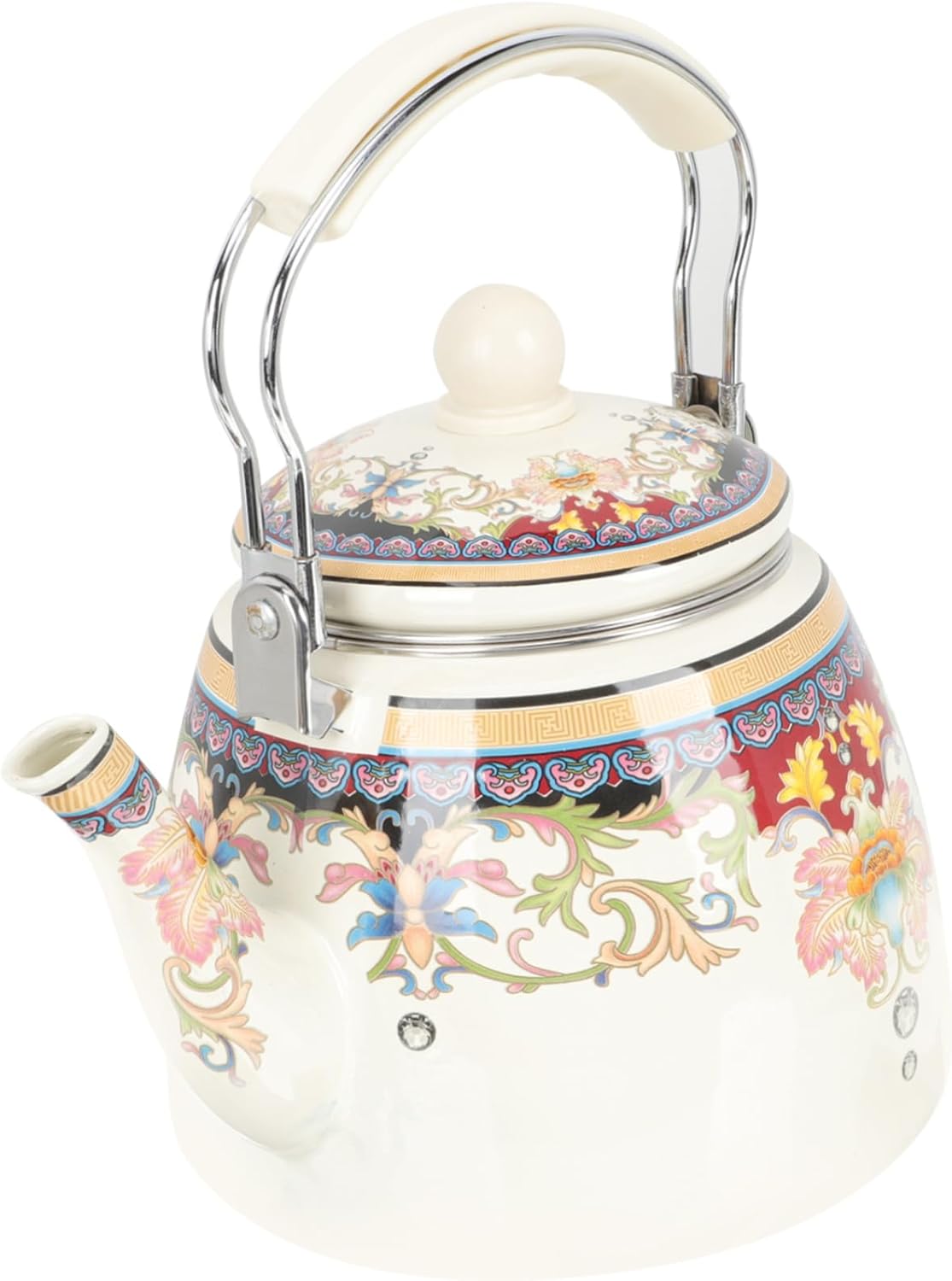 Hoement Vintage Enamel Teapot Stovetop Kettle Spout Retro Patterned Water Kettle for Tea Mulled Wine Compatible Induction Gas Stoves Easy to Use Safe Sanitary