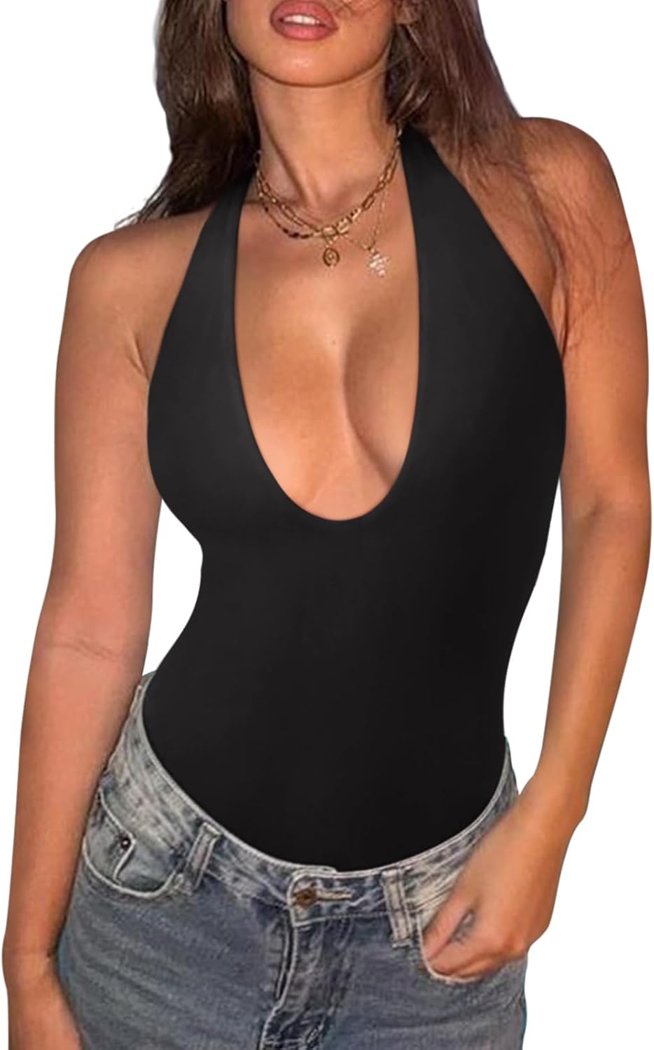 REORIA Bodysuits for Women Halter Tops 2025 Summer V Neck Backless Body Suits Tank Top Trendy Fashion Clothing