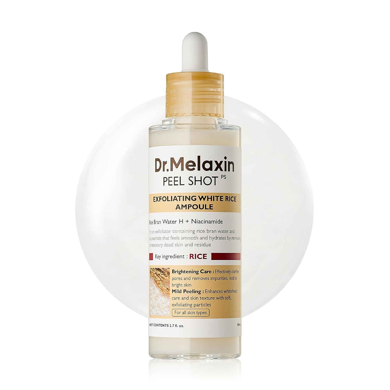 Dr.Melaxin Peel Shot Glow White Rice Peeling Ampoule with Rice Extract & AHA BHA, Gentle Exfoliating Serum for Sebum Control, Niacinamide & Hyaluronic Acid, Korean Skincare, 2.71 fl.oz