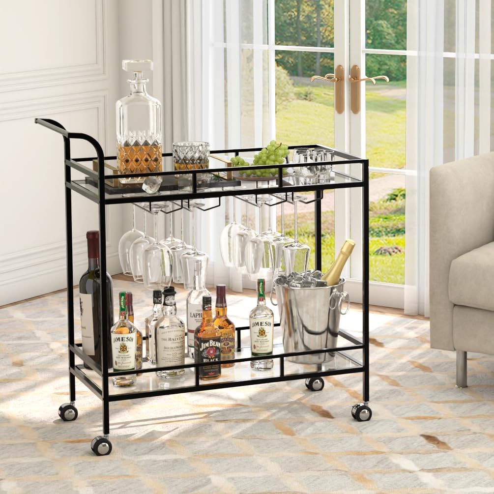 Black Bar Cart, Home Bar Serving Cart, Modern Bar Cart with 2-Tier, Mobile Kitchen Shelf with Wine Rack and Glass Holder, Bar Carts for The Home, Dining Room, Living Room