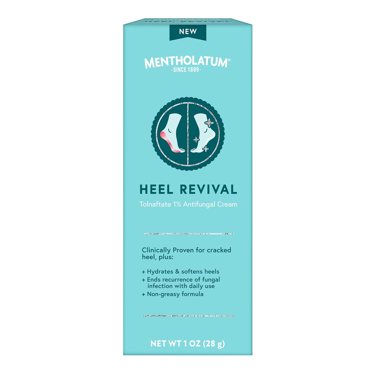 Mentholatum Heel Revival, Persistent Cracked Heel Repair Treatment, 1% Tolnaftate Antifungal Cream, Antifungal Foot Treatment, Eliminates & Prevents Fungus, 1 OZ