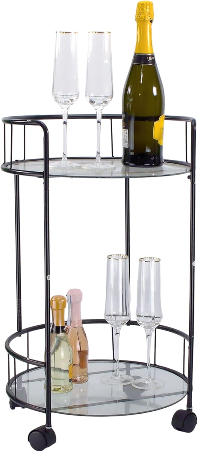 2 Tier Black Drinks Trolley Bar Serving Cart on Wheels With Two Glass Shelves Drinks Storage Trolley