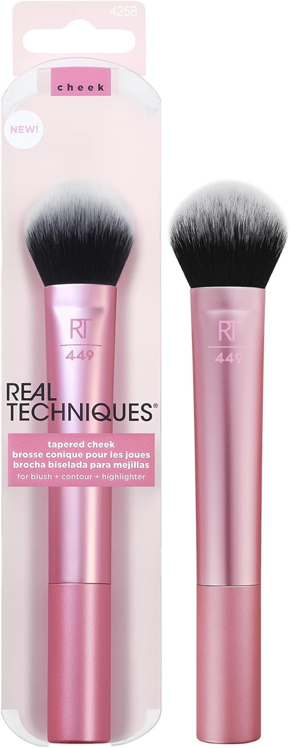 REAL TECHNIQUES Tapered Cheek Makeup Brush, For Blush, Highlighter, or Loose Powder, Soft Bristles, Precise Application, 1 Count, Pink