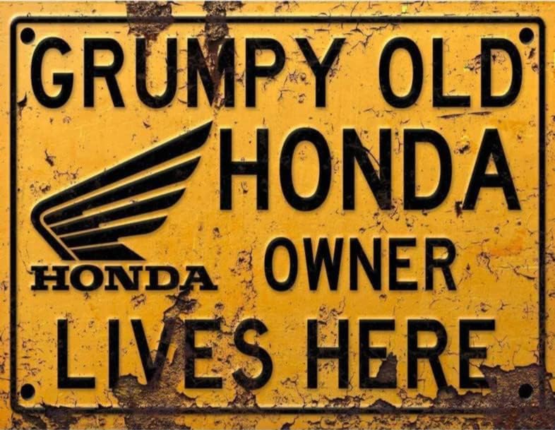 BigBazza Vintage Rustic Advertising Retro Wall Tin Plaque 20x15cm - Pub Shed Bar Man Cave Home Garage Kitchen Gift Metal Sign - Grumpy Old inspired HONDA Owner Lives Here, yellow
