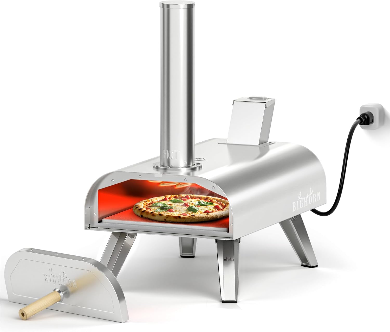 BIG HORN OUTDOORS 12" Dual Fuel Pizza Oven – Electric & Wood Pellet, Indoor & Outdoor High-Temp Pizza Maker (1000°F) with Pizza Stone for Wood-Fired Flavor